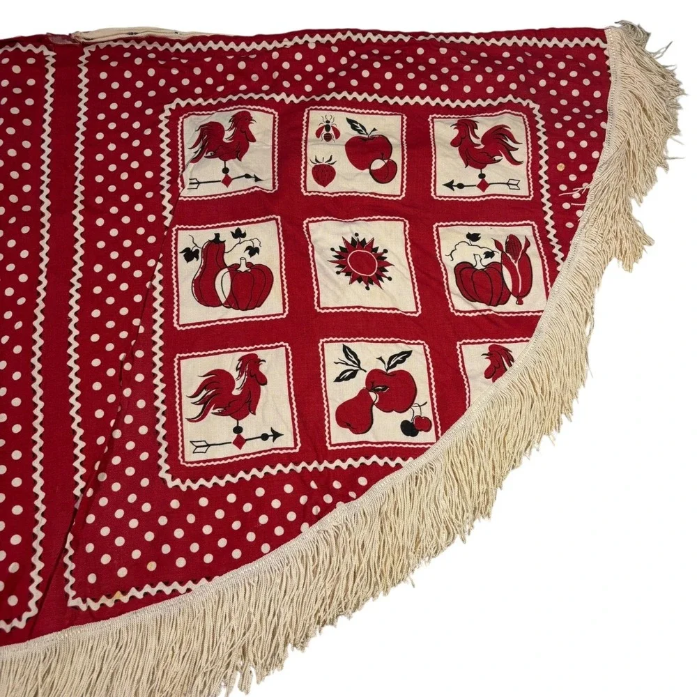 Vintage Red &‎ White Polka Dot Rooster Kitchen Table Apron with Fringe Trim